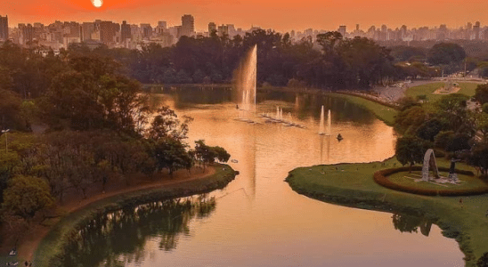 Vista do lago com a fonte no Parque do Ibirapuera.