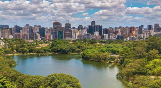 Vista do lago do Parque Ibirapuera e ao fundo um pouco da cidade.